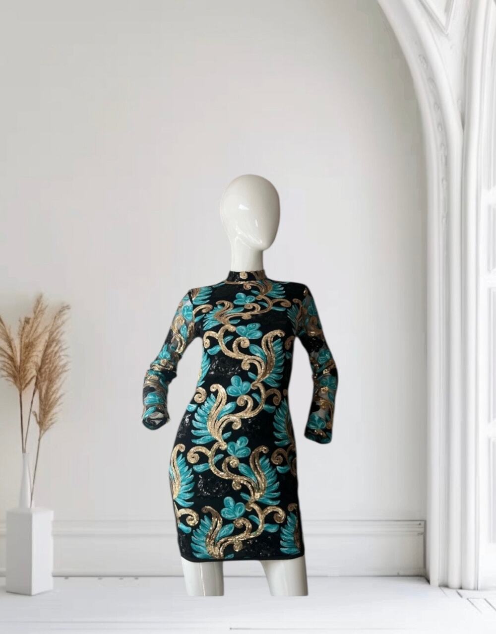 Codigo Sequin Embroidered Long Sleeve Mini Dress Medium